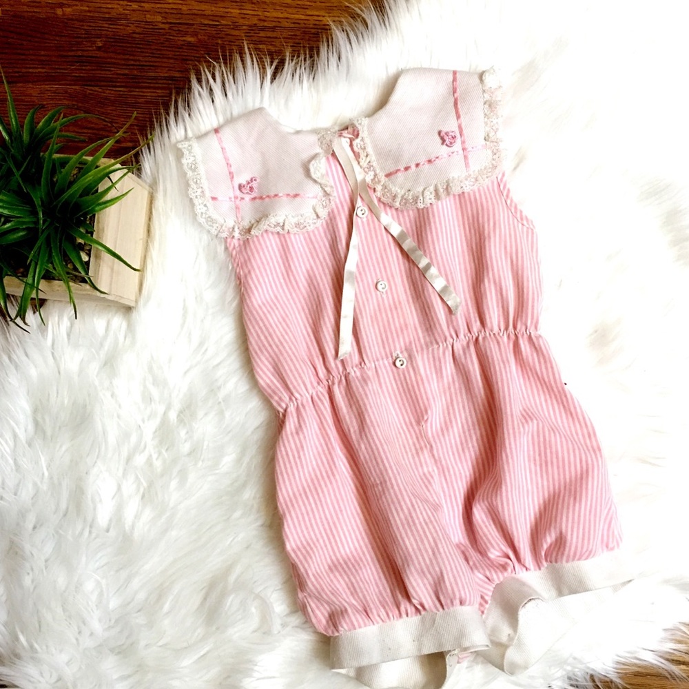 Vintage sears rompers 2t pink striped w lace